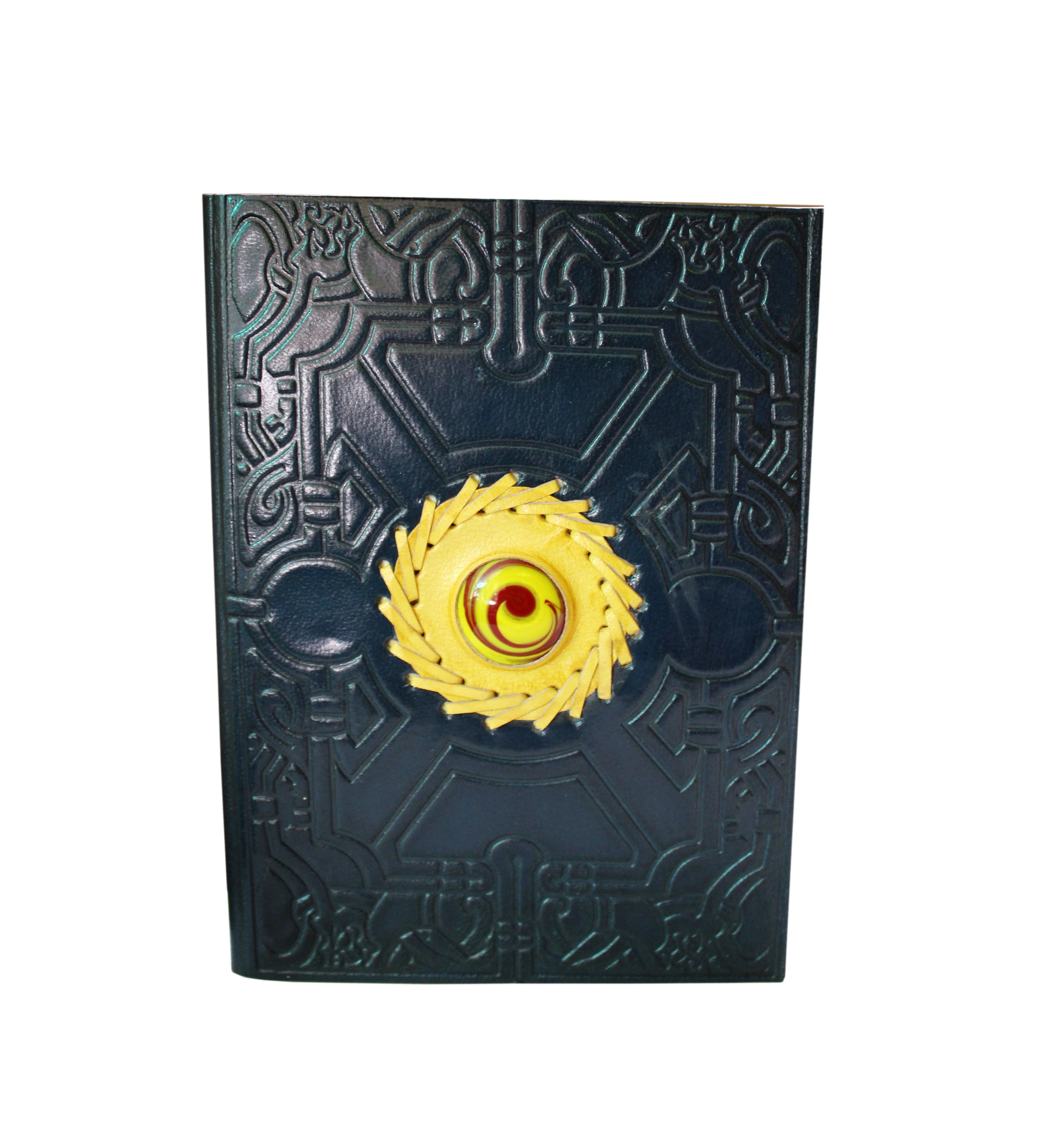 2022 High Quality Embossed Genuine Black Leather Diary Agenda Yellow Color Stone Unique Designer Planner PVC Paper School Use