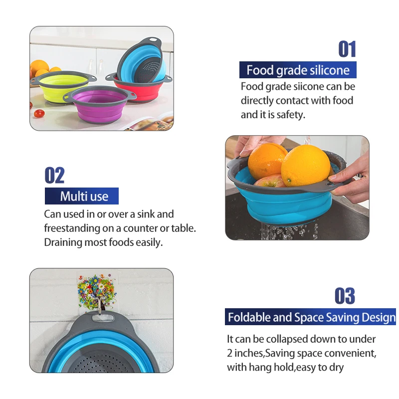 Hot sale 2 size kitchen strainer foldable wash colander round silicone vegetable drain basket