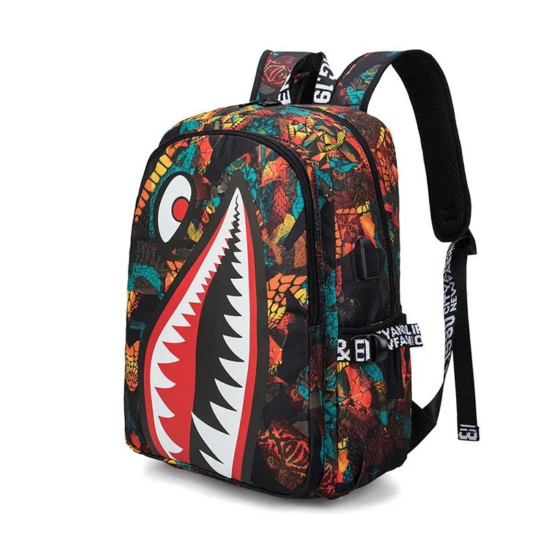 Unisex Custom Printed Oxford Shark Backpack with Zipper Closure and USB Port Personalized Polyester Lining for Students