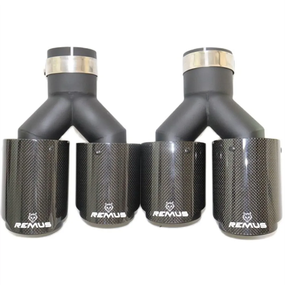 2PCS Remus Logo Dual Matt Carbon Fiber Exhaust Tip 304 Stainless Steel Exhaust Pipe Straight Flange Muffler Tip For Volvo BMW