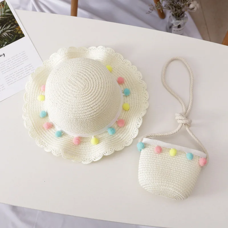 Children wholesale beach summer kids unisex paper straw hat and bag set