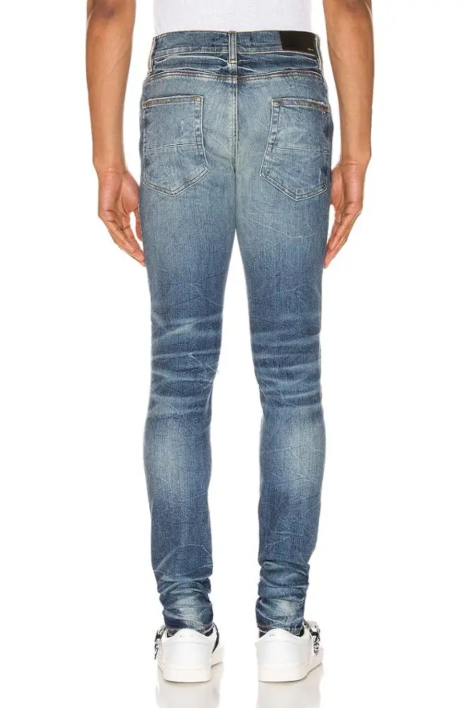 Fashionable Zipper Ripped Leather Stitching Washing Craft Slim Fit Jeans For Men