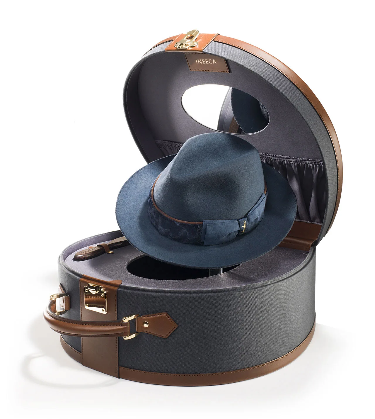 Travel carrying case hat storage box velvet Lining Leather large round hat box packaging golden logo hat box with handles