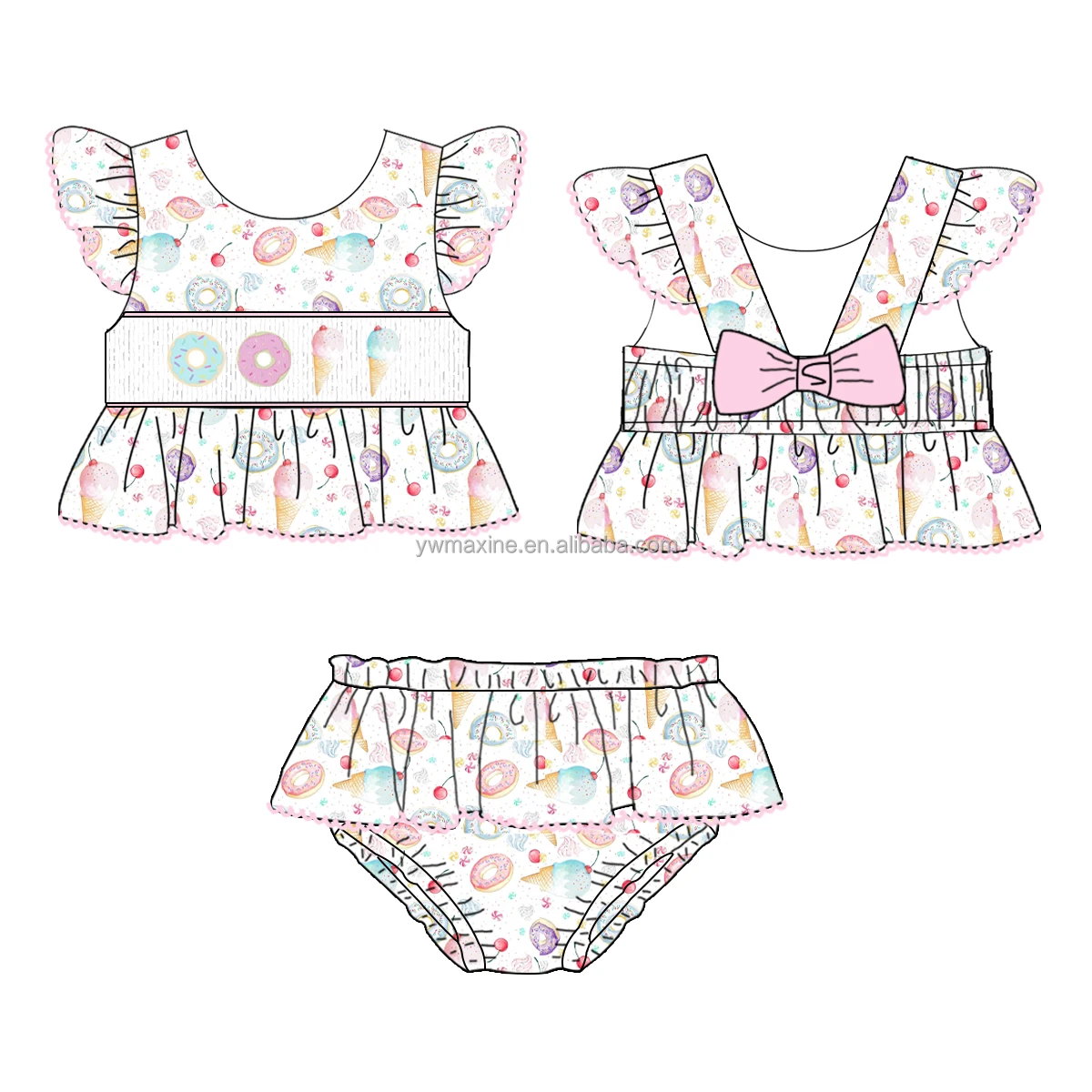 Children smocking swimming clothes toddler baby girls two-piece swimwear boutique kids swimsuit beachwear