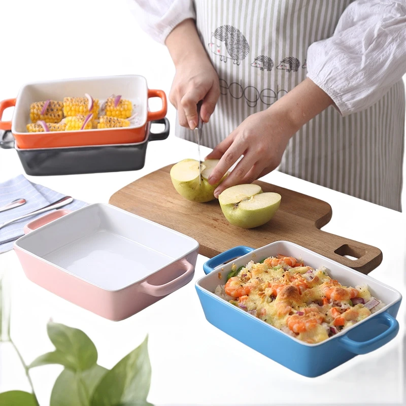 Restaurant Kitchenware Cooking Square Baking Pans Baking Tray With Two Ears Rectangular Household Kitchen Ceramic Baking Tray
