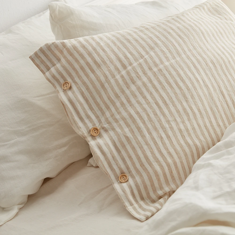 Modern French 100% Linen Cushion Cover scalloped edge striped linen vintage cushion Pillowcase customized Woven Fabric