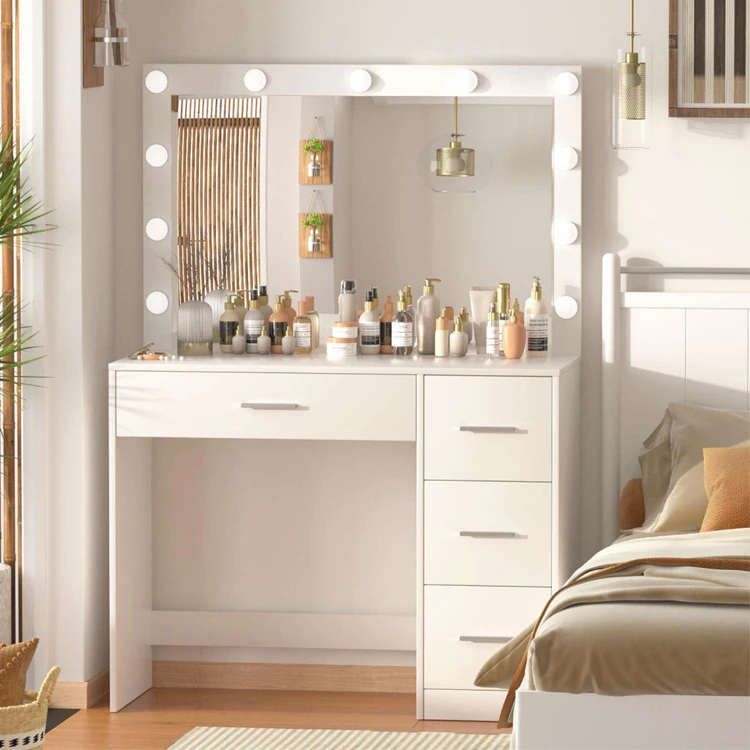 Bedroom Led Light Mirror Touch Screen Wood Dresser Desk Side Table 4 Storage Drawer Dressing Makeup Vanity Table