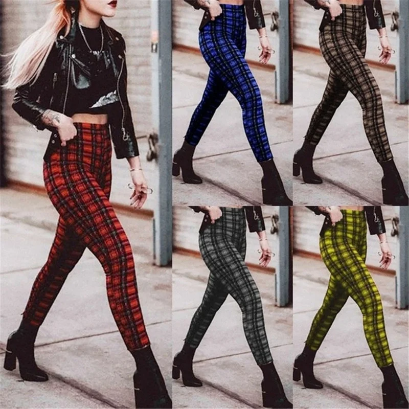 Women High Waisted Plaid Leggings Slacks Elasticized Small Leg Trousers Pencil Pants