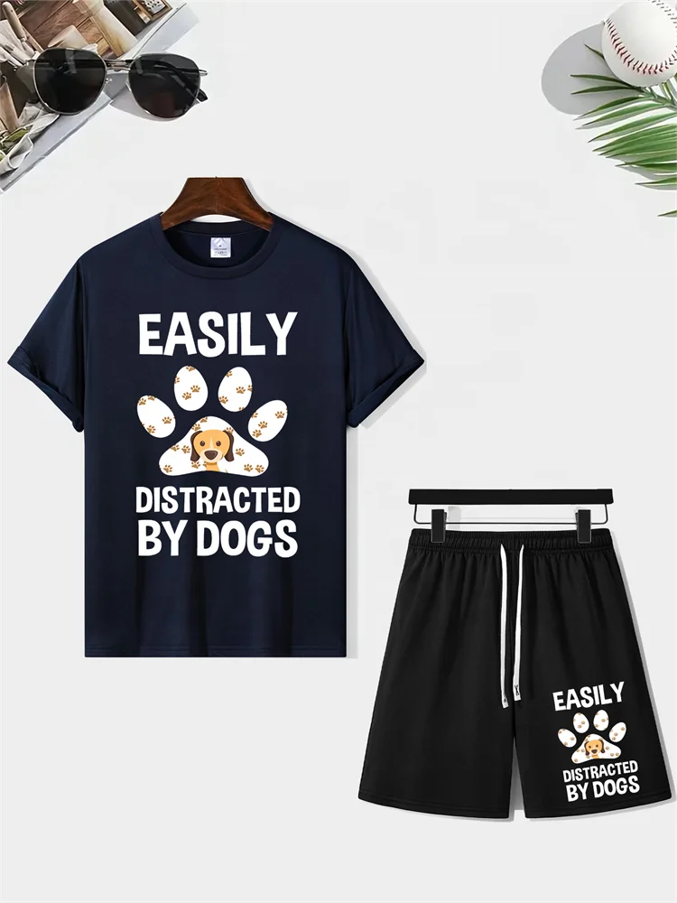 Summer Set Suit Short Sleeve Tshirt Two Pieces Dog Print Sports Suit Casual T-Shirt And Shorts Set