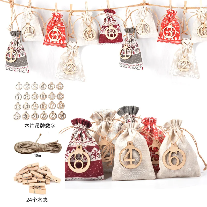 2020 Amazon best selling 24pcs candy gift bags drawstring Christmas Gift pouch christmas gift bag sets with figure tags