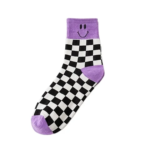 Women Chic Fashion Smiling-Face Checkers Cotton Socks