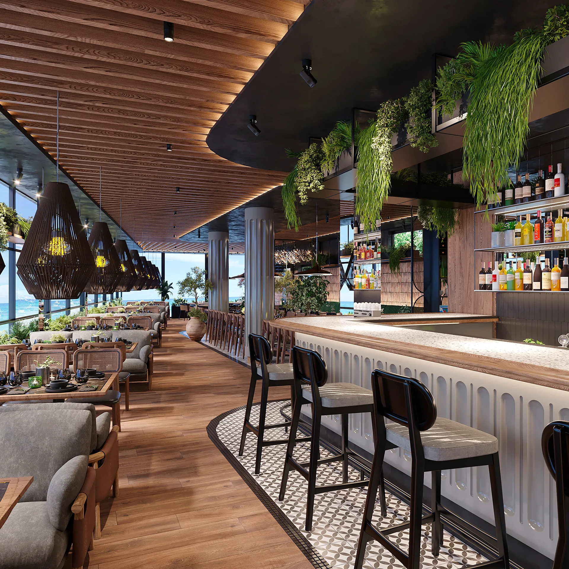 Modern Restaurant Interior Design Bar Furniture Factory Coffee Shop Counter Design Beach Restaurant Furniture Maker