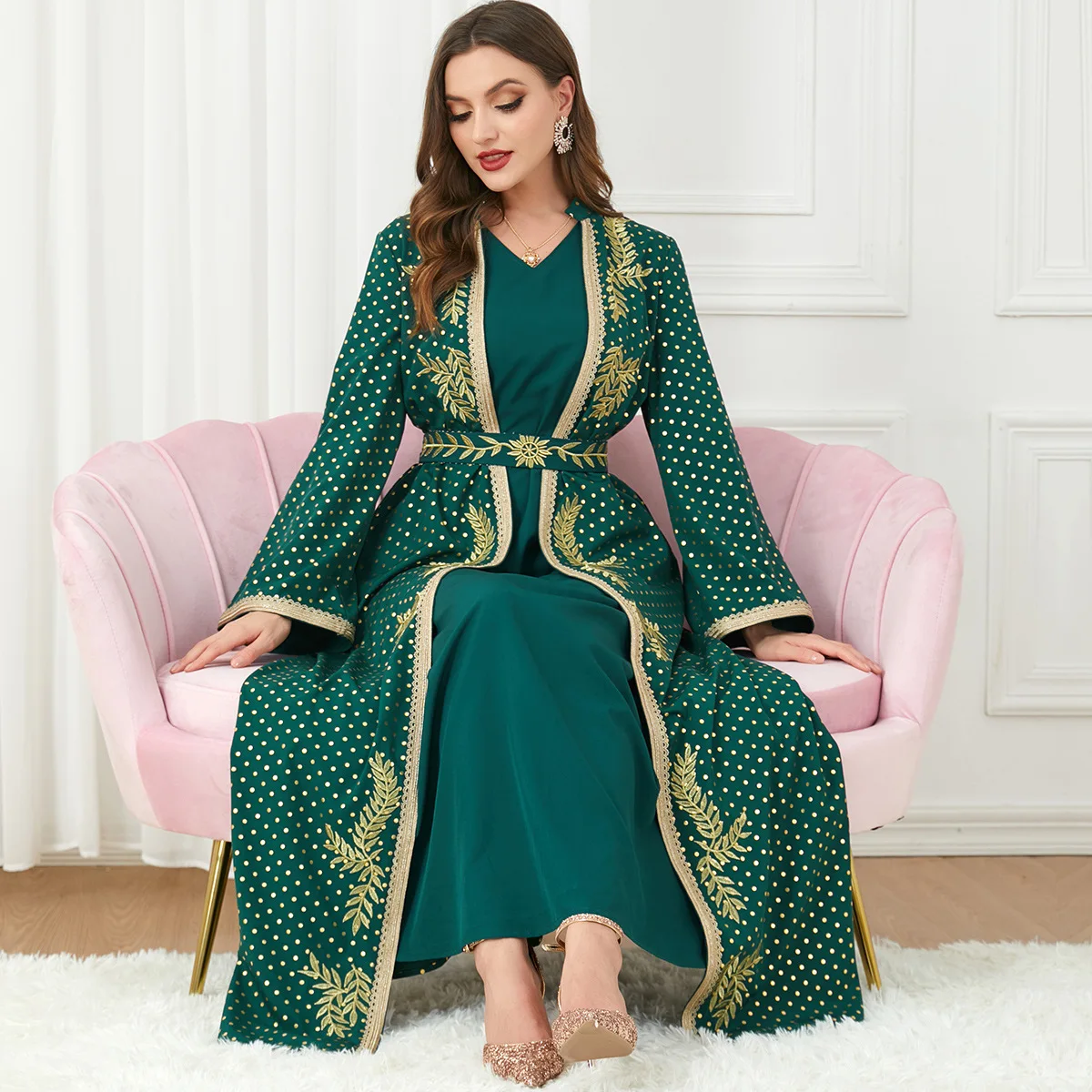 2 piece Green caftan marocain women abaya Muslim dresses wholesale morocco kaftans wholesale India Abaya Sets dress
