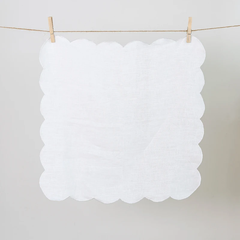 wholesale scalloped embroidery edging linen table napkin linen handkerchiefs white nature 100%linen napkins