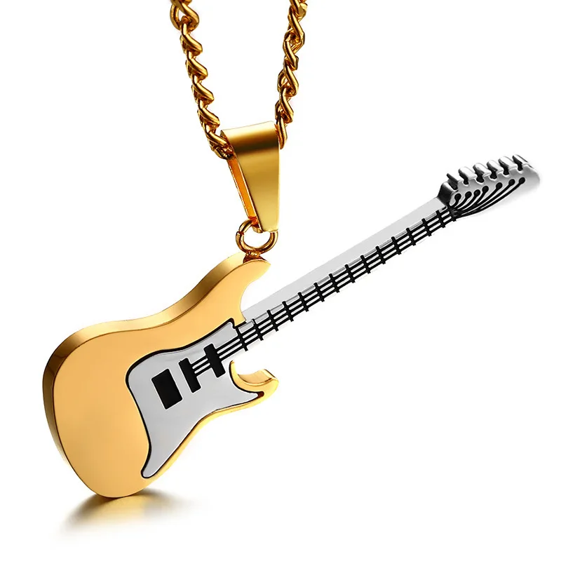 New Fashion Unique Design Rock Music Instrument Gesture  Necklace Charm Stainless Steel Guitar  Pendant