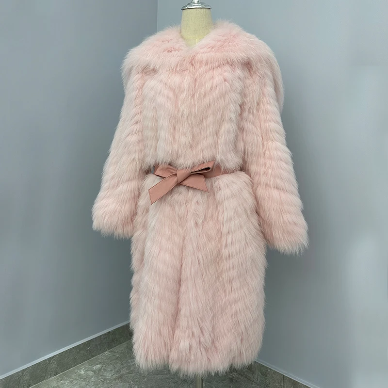 New Design Winter Knitted Fur Jacket Natural Fur Trim Fluffy Luxury Real Women Fox Fur Coat