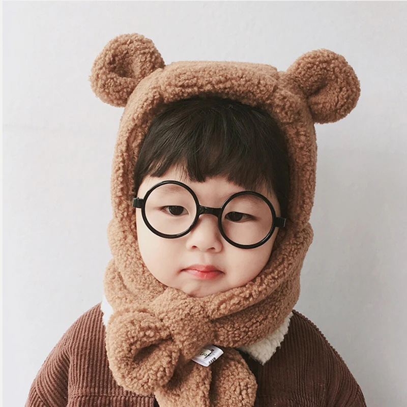 Kids Toddlers Winter Warm Cartoon Fuzzy Fleece Scarf Beanie Hats, Cute Hooded Scarf Earmuffs for Girls