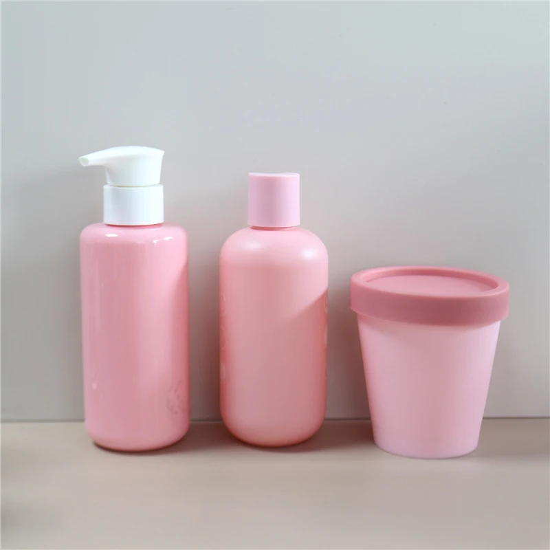 Luxury design pink 250ml plastic bottle for shampoo hair conditioner shower gel bath bottle with deodorant tube