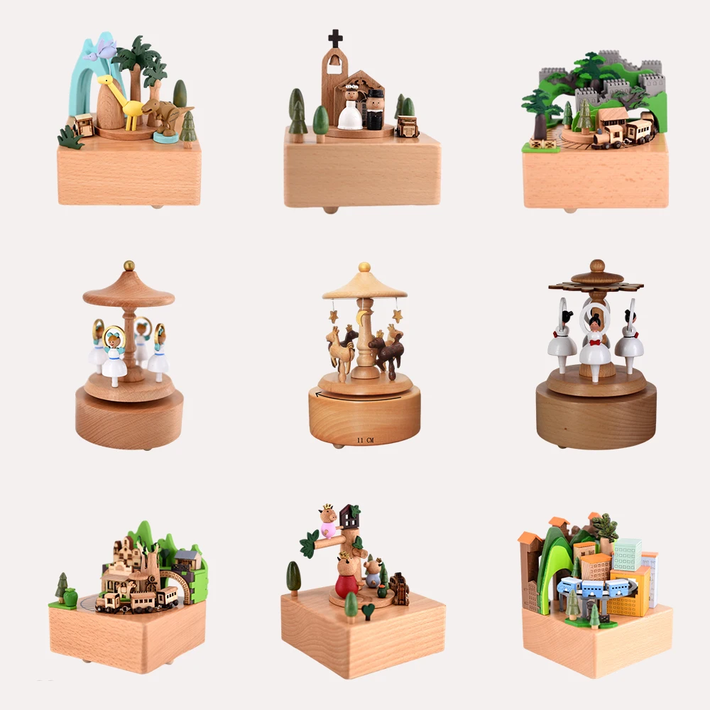 Best gifts wooden merry-go-round rotating carousel horse music box for kids