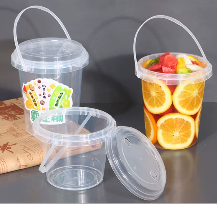 Custom logo printed recyclable disposable 16oz 32oz drink fresh takeaway fruit PP plastic cup buckets with handle and lid