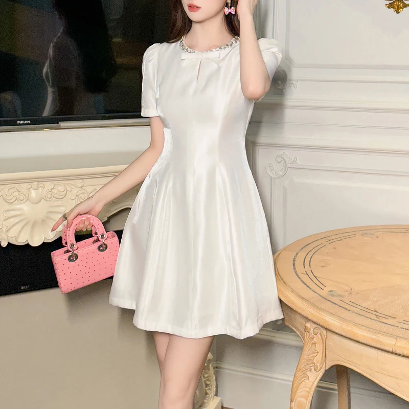 ZYHT 21309 New Arrival Party Wedding Guest Elegant White Short Puff Sleeve A-line Casual Short Mini Dress for Women