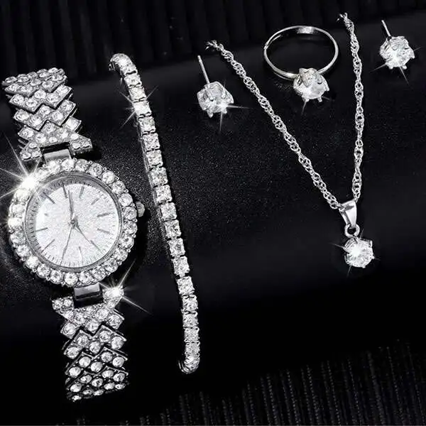 6pcs/set Fashionable Stainless Steel Watch With Rhinestone Bracelet Rhinestone Necklace Earrings And Ring
