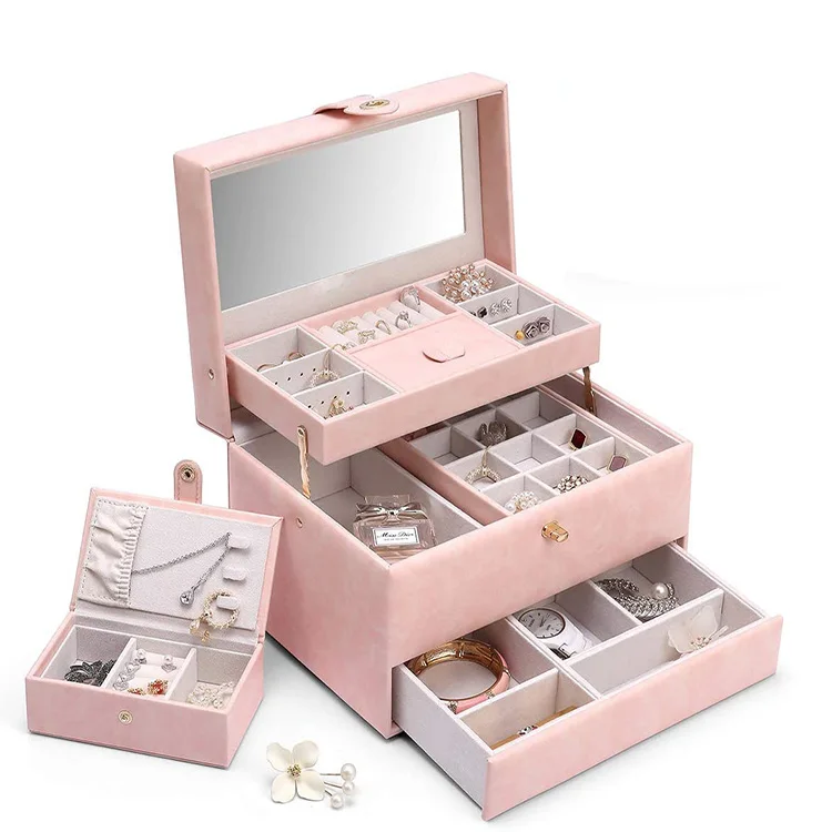 
Wholesales pink leather jewelry box with three layers lockable and large mirror jewellery storage boxes 
