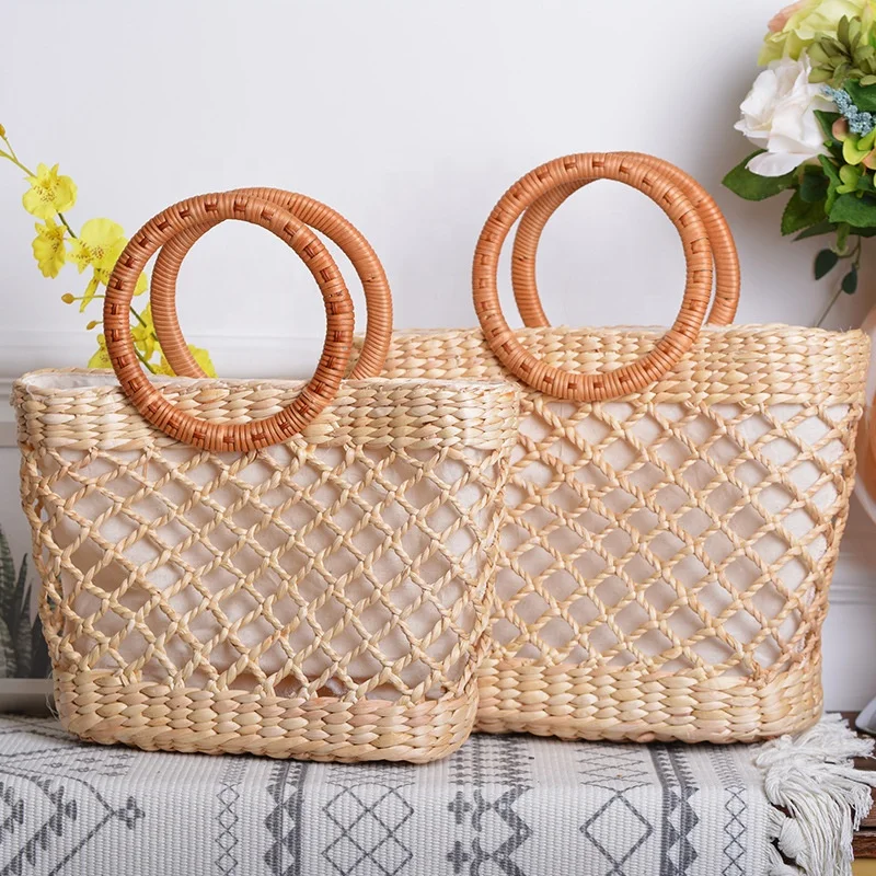 Female Tote Rattan Wicker Bags Handmade Bohemian Reticular Water Hyacinth Handle Bag