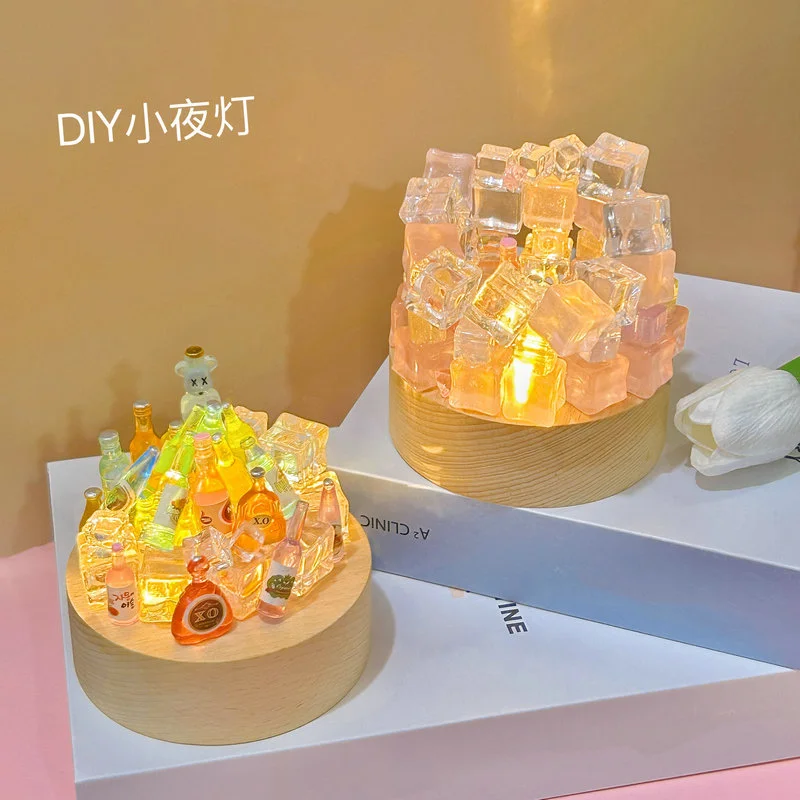 Mini Wine Bottle Round Small Wood mosaic lamp diy Ambient Light mini beer bottle diy round table lamp