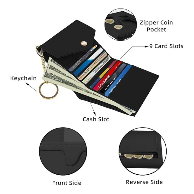 Customizable Premium Leather RFID Blocking Ladies Compact Trifold Small Wallet With Chain