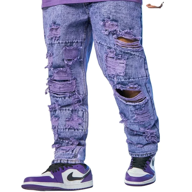 LILUO2022 new fashion trend purple long trousers high street custom ripped pocket men denim jeans