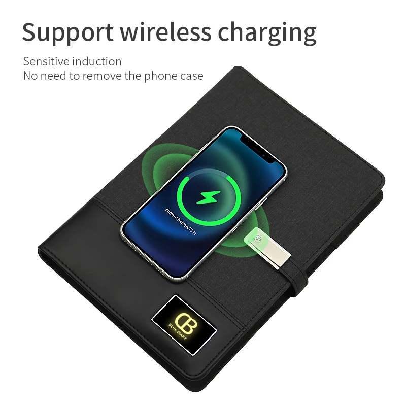 Hotsale Custom LED light up Logo Business Gifts Wireless Charger 8000mAh Battery Power Bank Notebook with Pen Gift Sets