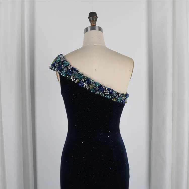 
Hot Sale Banquet Velvet Beaded One Shoulder Formal Dresses Ladies Prom Birthday Dresses With Court Train 