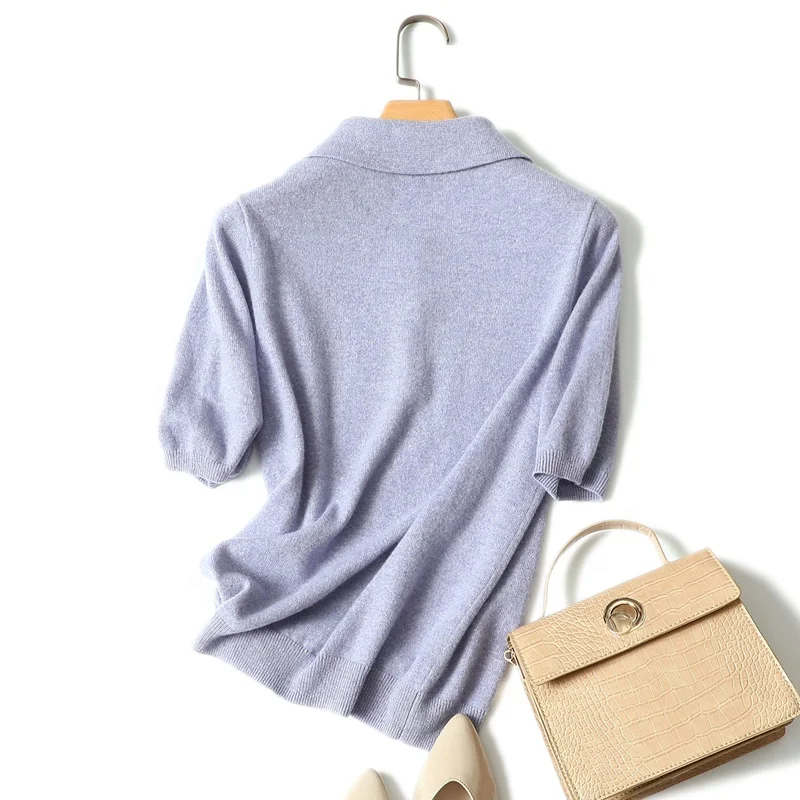 2022 new women pure cashmere polo sweater fashion short sleeve knit tops cashmere t shirt