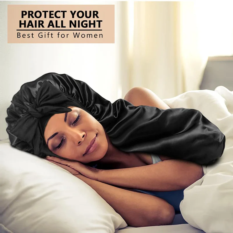 Wholesale Wide Elastic Band silk satin hair long bonnet extra long braid bonnets sleeping cap women