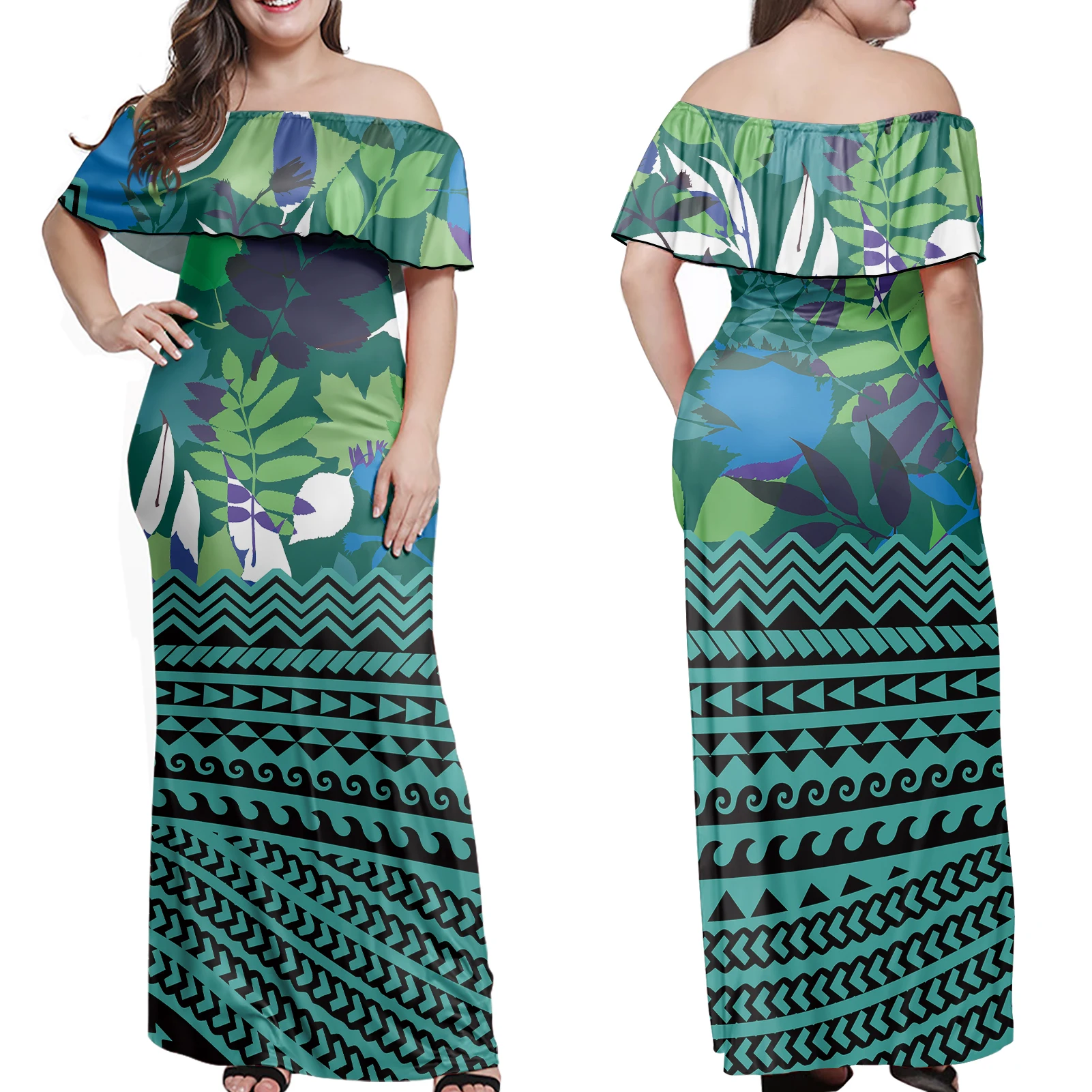 Wholesale Custom ladies dress Polynesian Tropical Tribal Printed Women Maxi Dresses Summer long sleeve dress