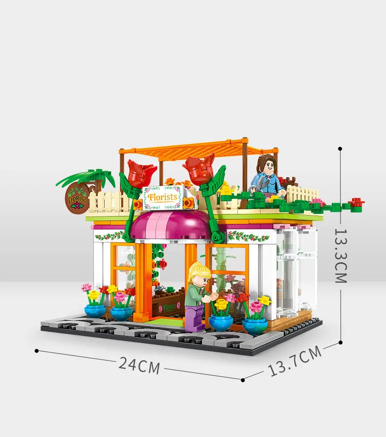 Цветочный магазин, 322 шт., маленькие строительные блоки из частиц, сборка детских игрушек с видом на улицу, мини-домик, строительные блоки