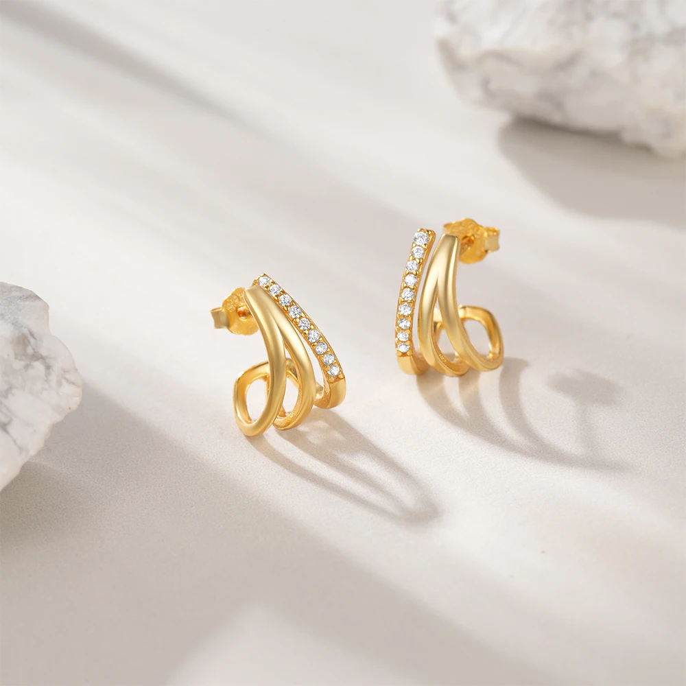 Minimalist 925 Sterling Silver 18k Gold Plated Cubic Zirconia Triple Huggie C-Shaped Women Hoop Earring