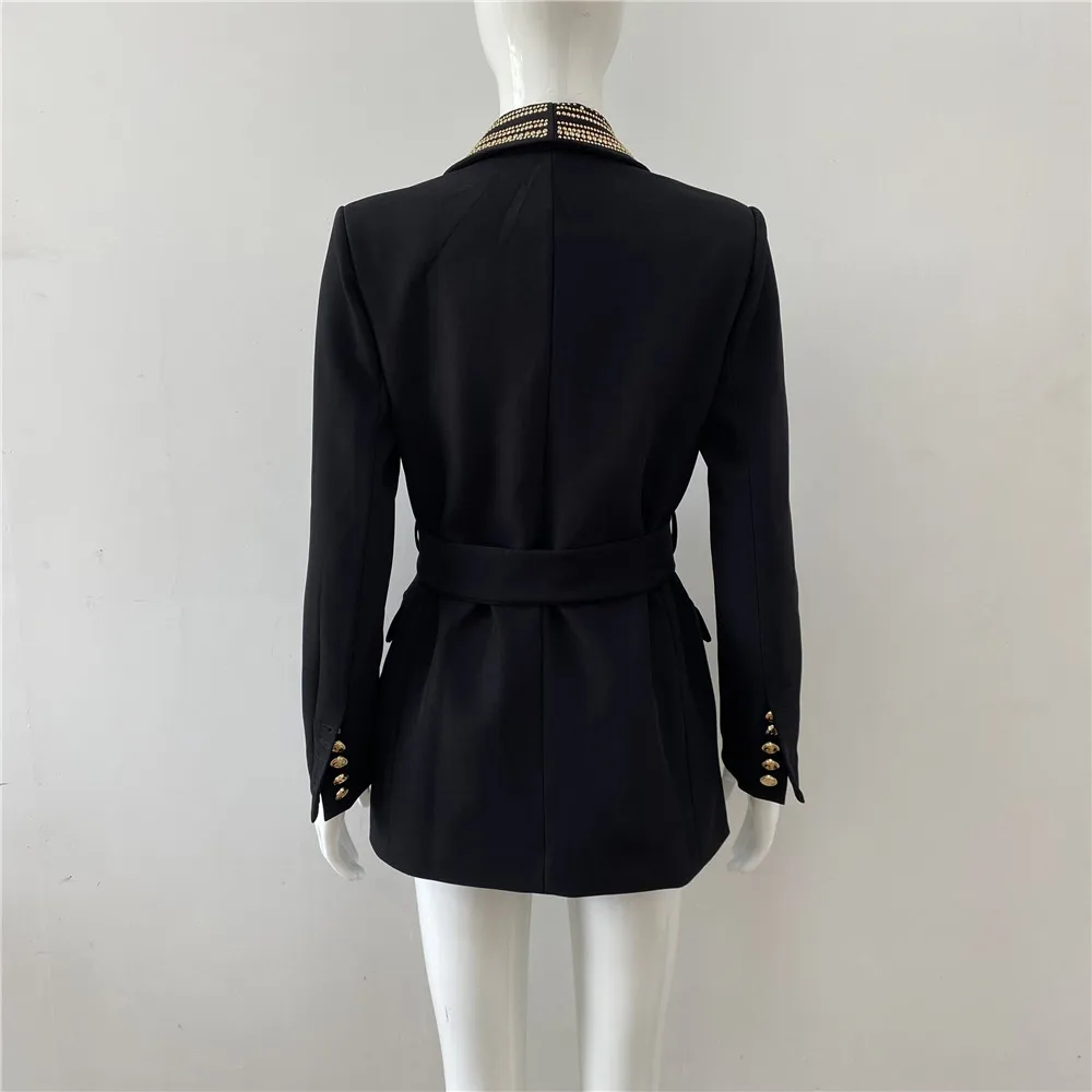 H3295 Customized Office Lady V-Neck Double Beaded Outfit Black Full Sleeves Blazers Ladies Women