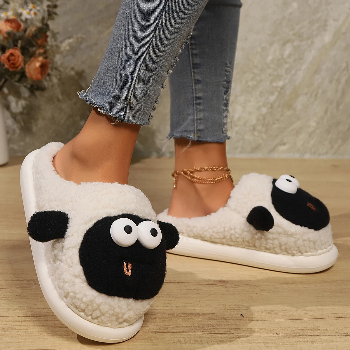 Improved Version Women Shoes Sheep Thicken Sole Winter Indoor Home Slides Non-slip Kitty Cat Cute Girls Fluffy Slippers Warm