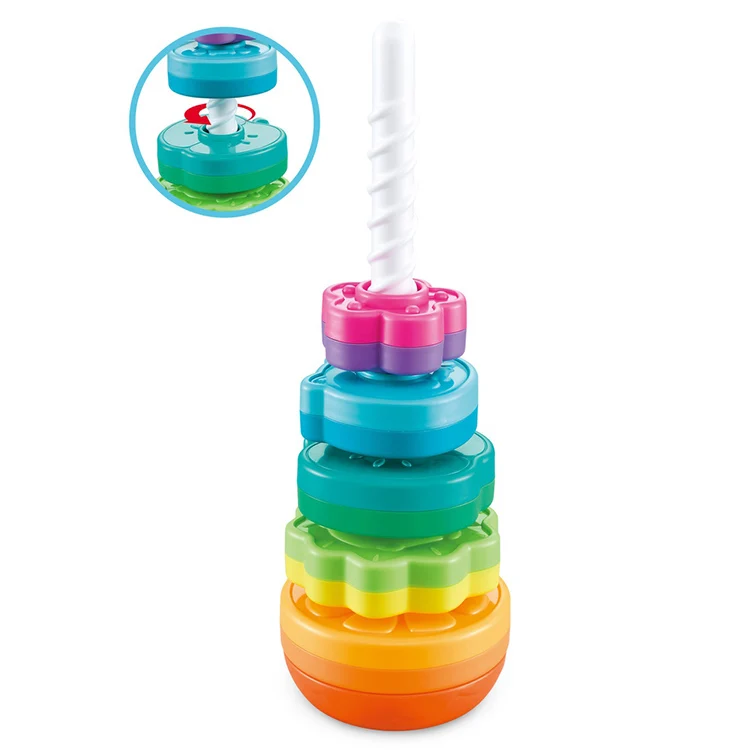 Konig Kids juguetes bebe Colorful Plastic Spinning Circle Tower Rainbow Rotating Tower mainan bayi Baby Toys