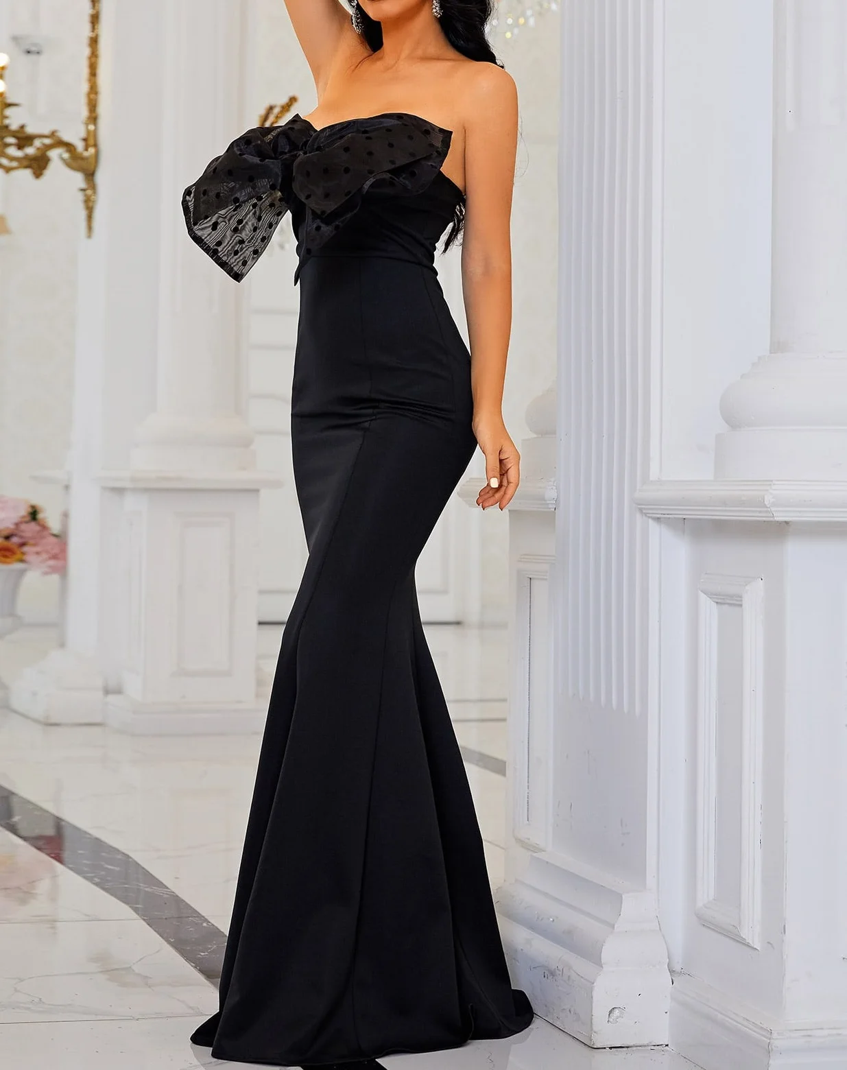 Fashion Women New Design Party Black Contrast Mesh Bow Front Formal Bodycon Maxi Dress For Beautiful Ladies