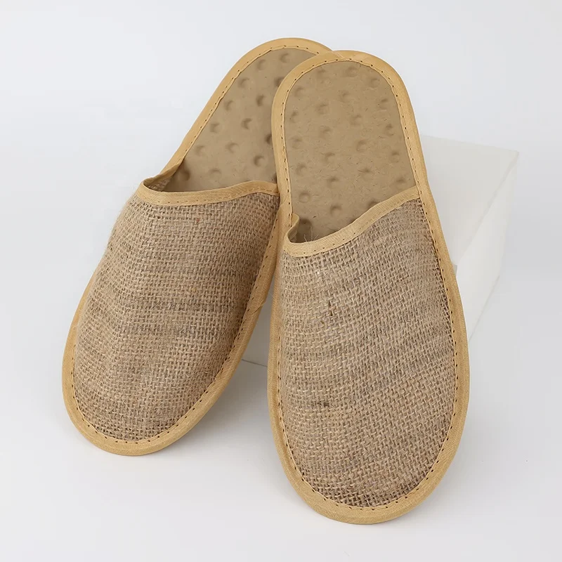 Eco Friendly Compostable Natural Jute Upper Paper Pulp Sole Anti-slip Comfort Disposable Home Hotel Slippers Shoes