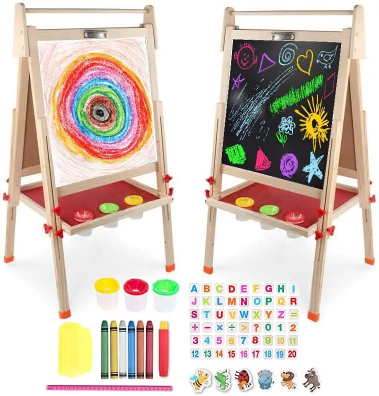 Kids Easel Wooden Children Art Easel Paper Roll,Double Sided Magnetic Whiteboard Chalkboard Adjustable Height for Boys Girls