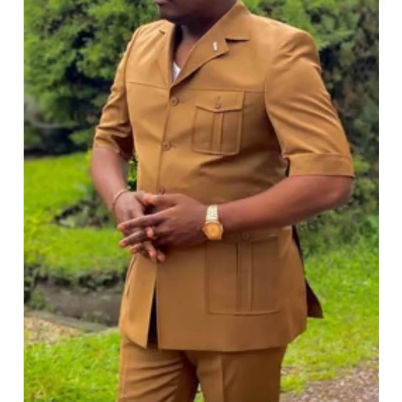 2023 Tailored Made Short Sleeves Men Suits Pocket Design Summer Wedding Groom Man Wear Dress Jacket+Pant Set