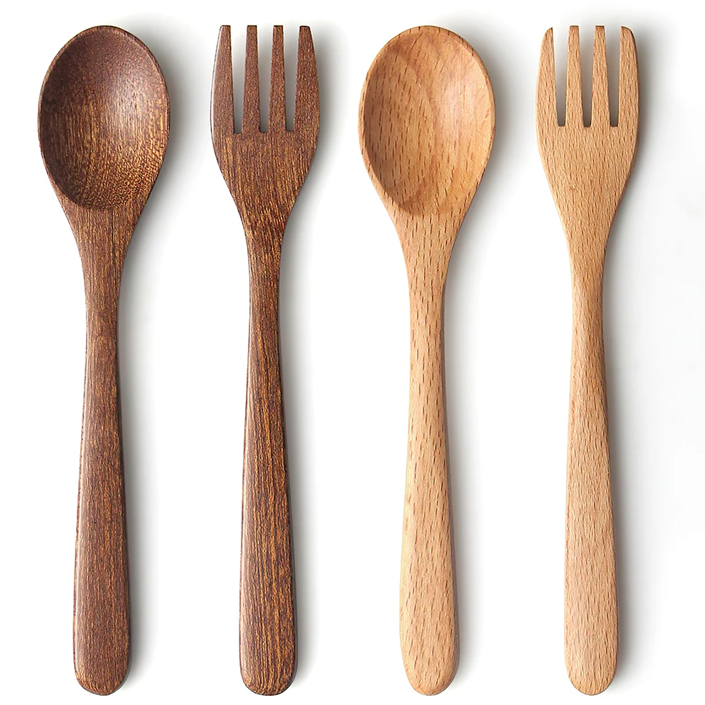 Natural Wood Baby Spoon and Fork Set Reusable Children Flatware Baby Feeding Spoon