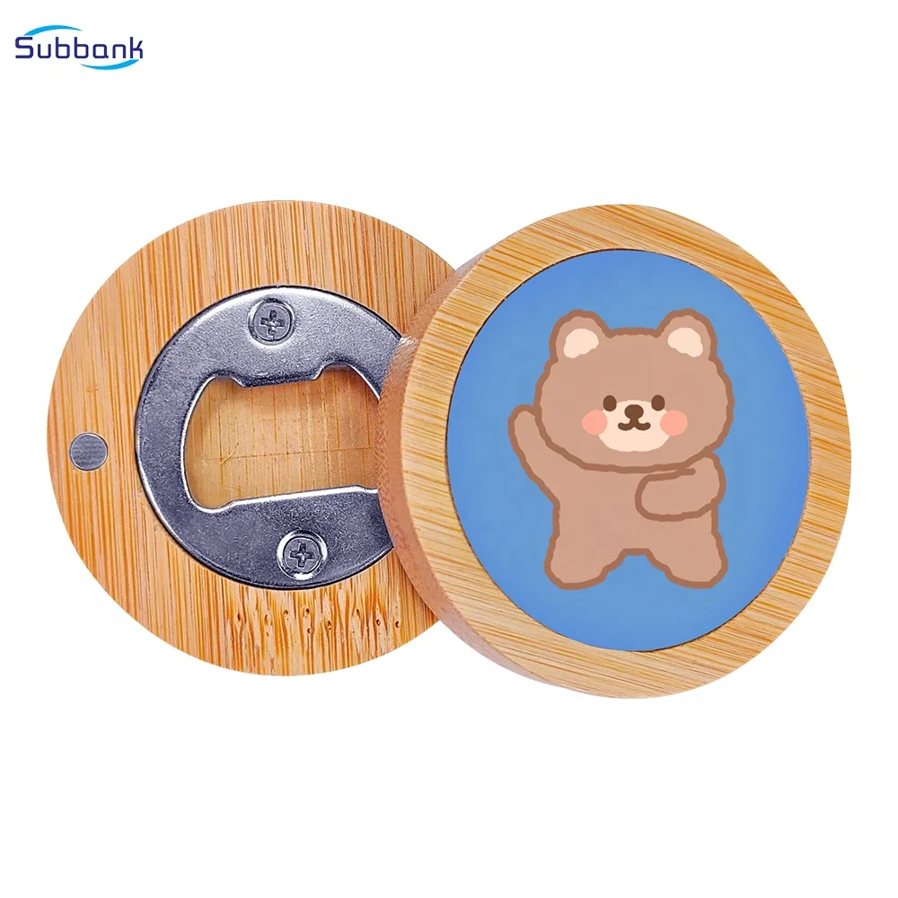 Subbank Custom Logo Round Wooden Bamboo Beer Bottle Opener Fridge Magnet Sublimation Blank Bottle Openers