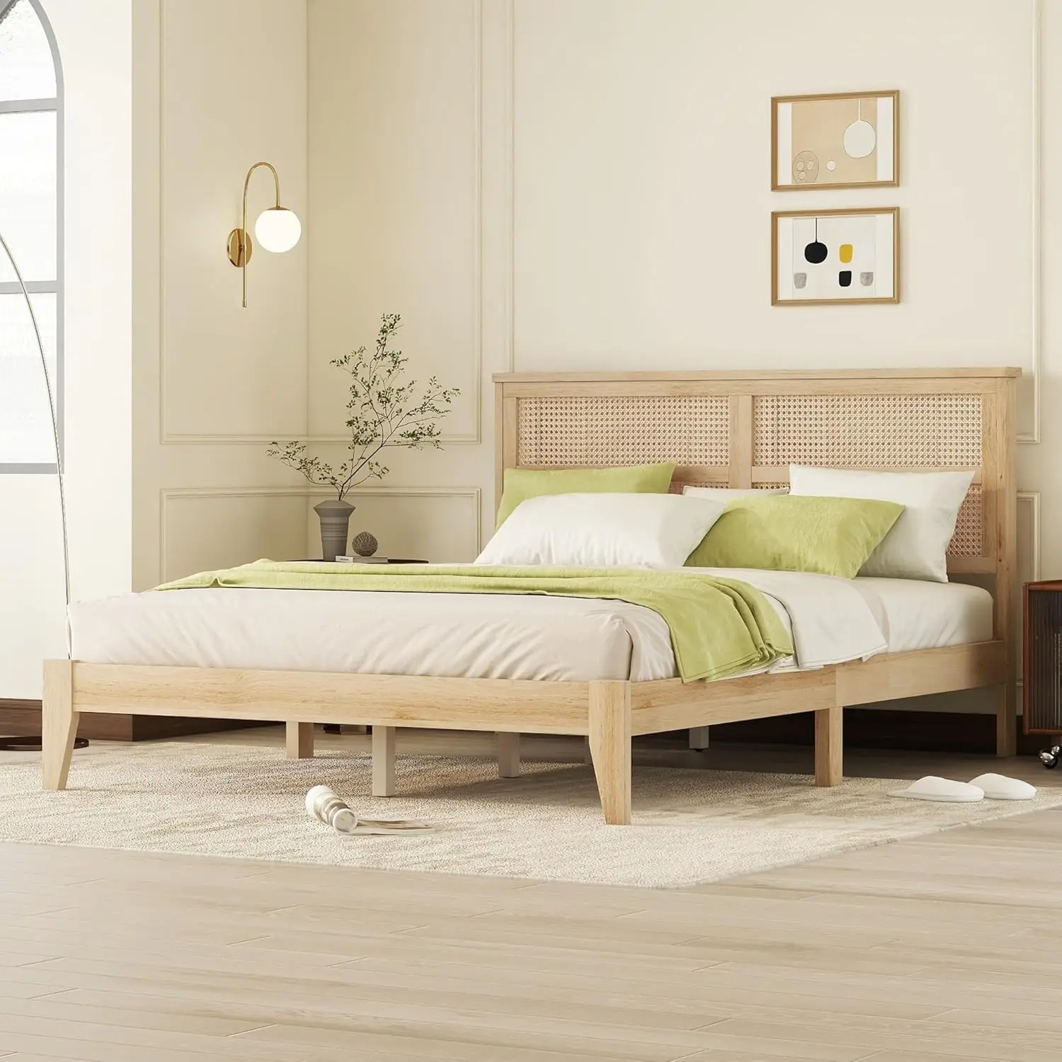Queen Size Bed Frame with Rattan Headboard, Country Rustic Style Rubber Wood Platform Bed with Slat