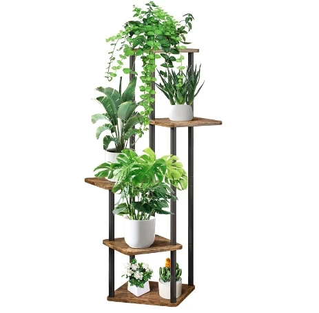 5 Tier Wood Tall Plant Stand Metal Rack Indoor, Multiple Flower Pot Holder Shelves Corner Rack, Planter Shelf Display Rack