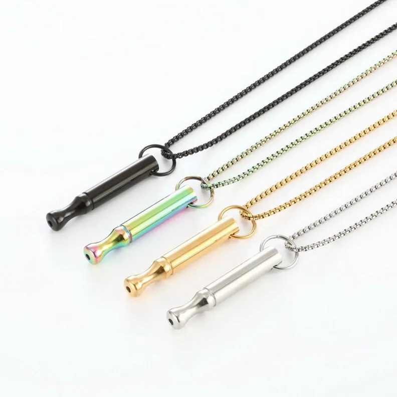 Hot selling stainless steel whistle pendant with engraved words to relieve anxiety. Stainless steel pendant necklace